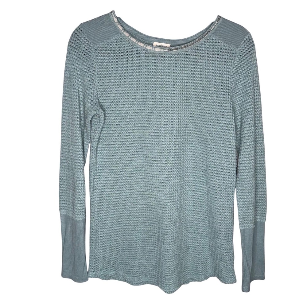 Sundance Textured Knit Top Women Blue Excellent Ladder Stitch Waffle LongSleeve
